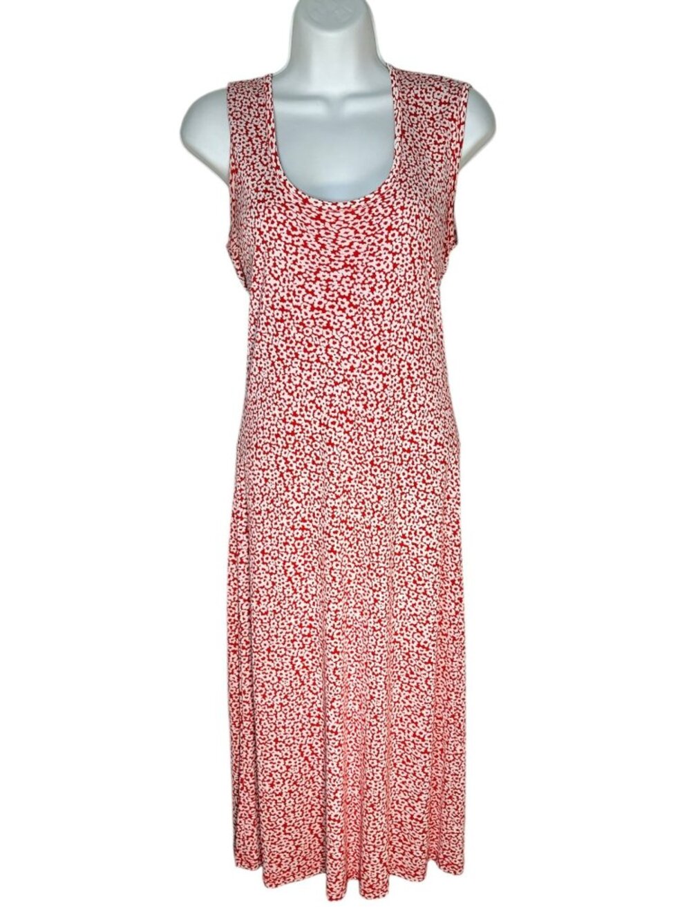Vintage Free People Ditsy Floral Midi Dress Red White Rayon Slinky Knit Medium